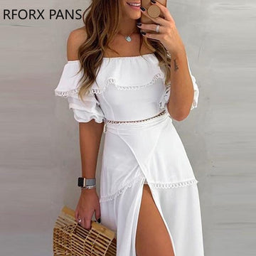 Yipinpay Shoulder Ruffle Tops Split Skirt Sets